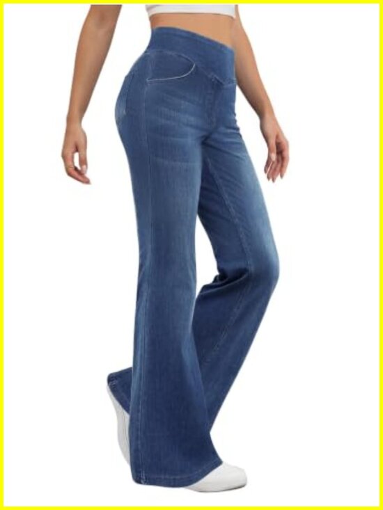 Denim - Stretchy Pull On Bootcut Jeans for Women High Rise Flared Denim with Pockets
